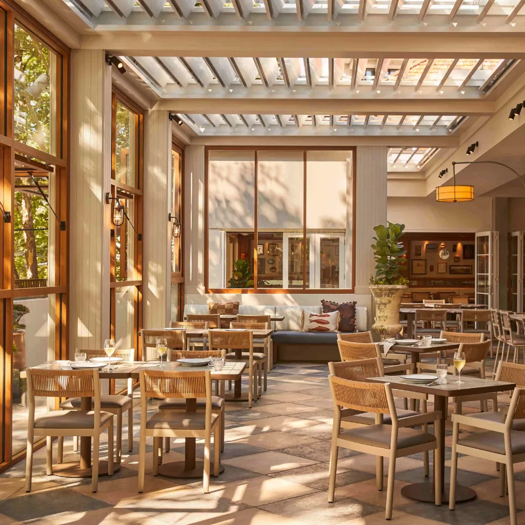Sunlit restaurant dining area with tables set for service