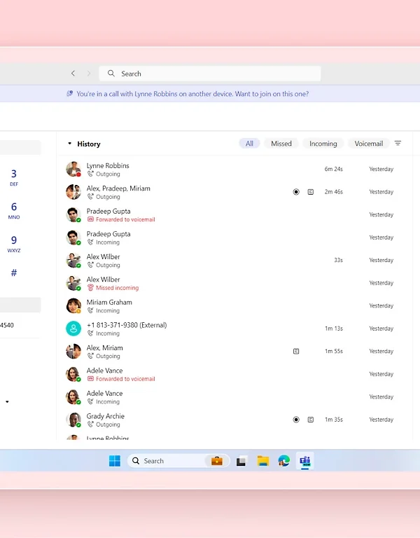 Microsoft Teams Phone calling interface showing dial pad, call history, and speed dial contacts