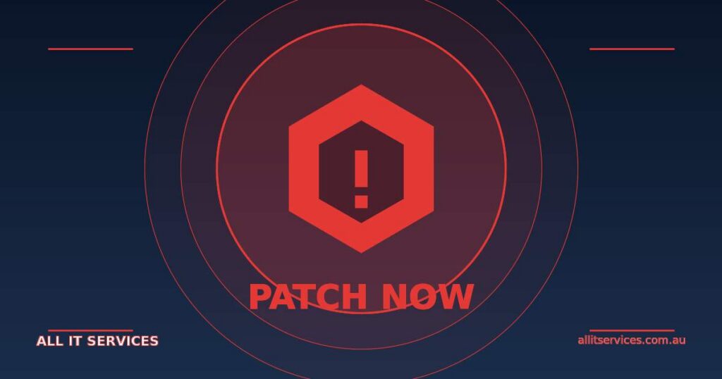 Red shield warning graphic with PATCH NOW label on dark navy background