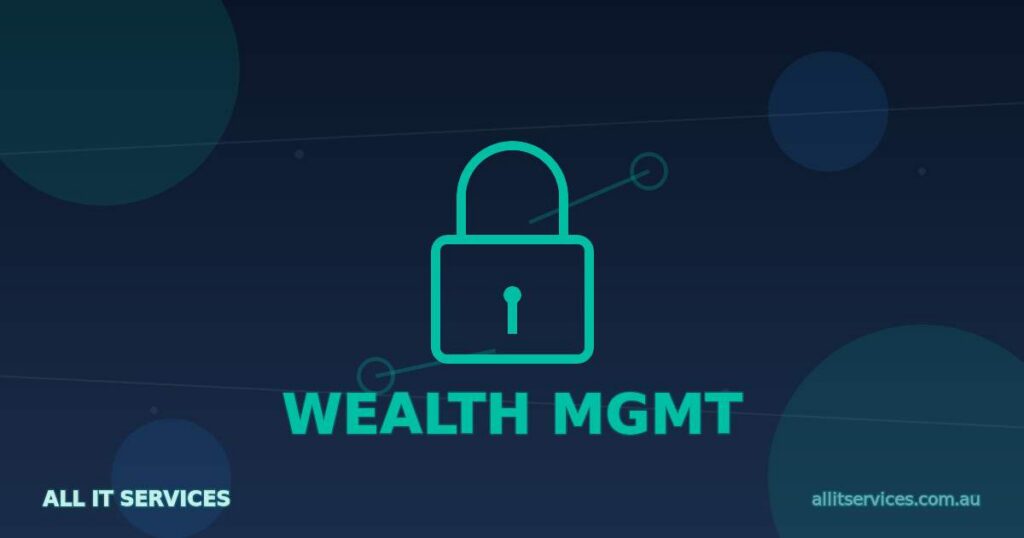 Teal padlock icon with WEALTH MGMT label on dark navy All IT Services branded background
