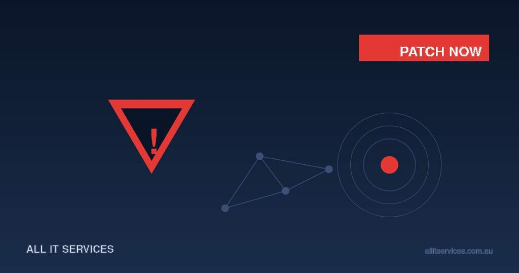 Red warning triangle and network diagram with PATCH NOW label