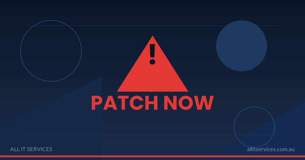 Red triangle warning icon on dark navy background with PATCH NOW label