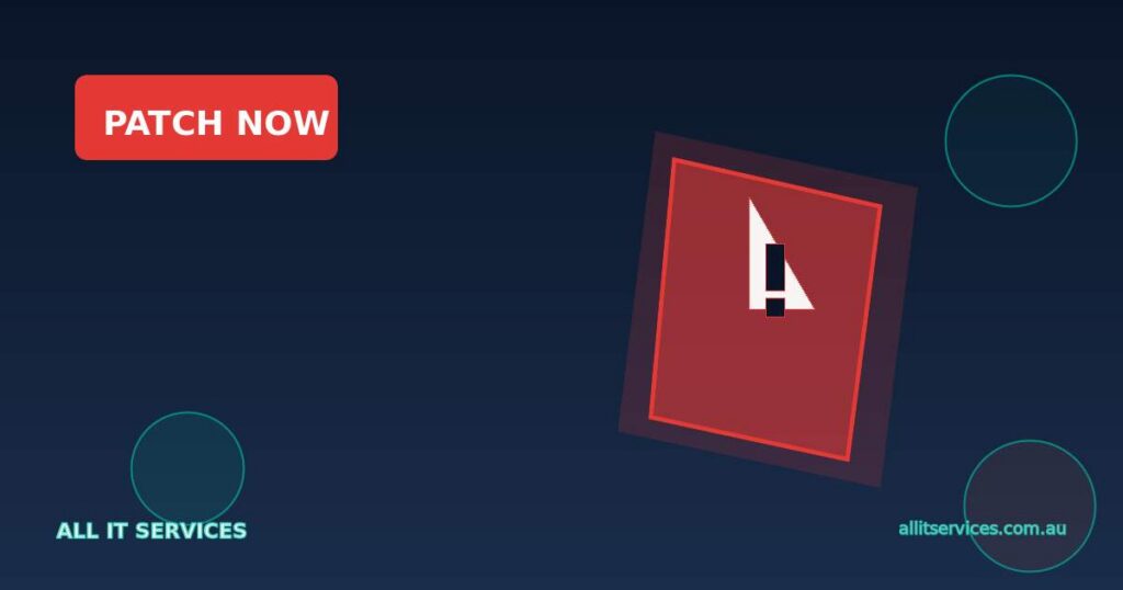 Red PATCH NOW alert badge with warning icon on dark navy gradient — All IT Services security advisory