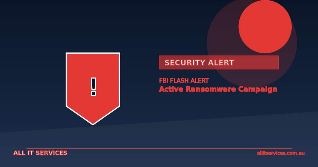 Red security alert graphic warning of FBI FLASH ransomware advisory