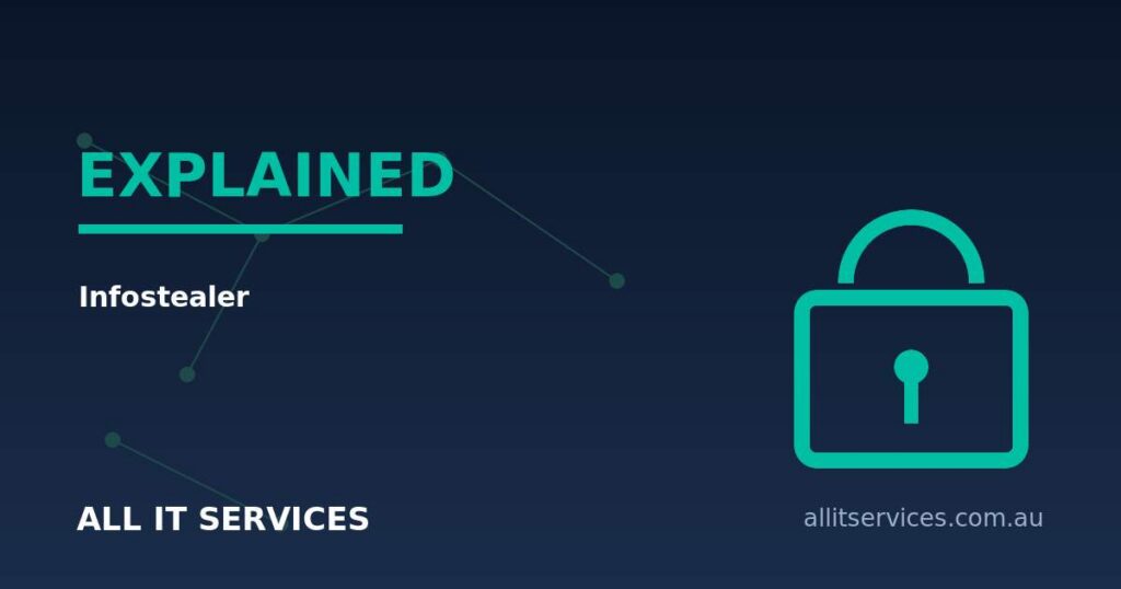 Glossary graphic with teal padlock icon explaining what an infostealer is