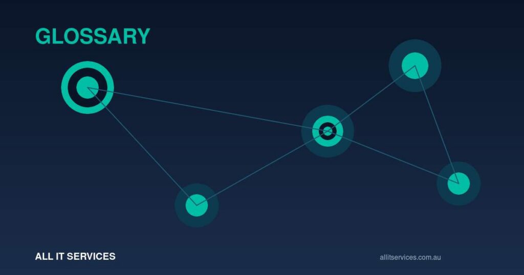 All IT Services glossary post - dark navy abstract image with teal-connected nodes representing AI agents