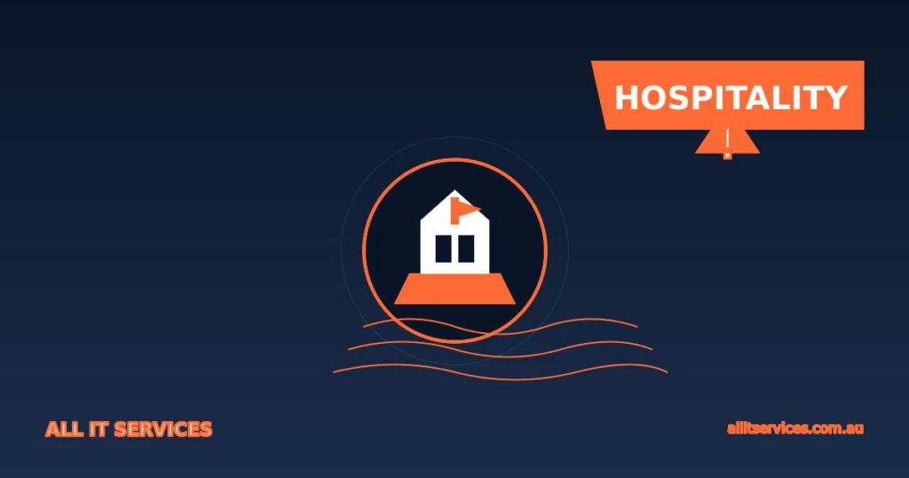 All IT Services hospitality cybersecurity advisory image with hotel and breach wave graphic