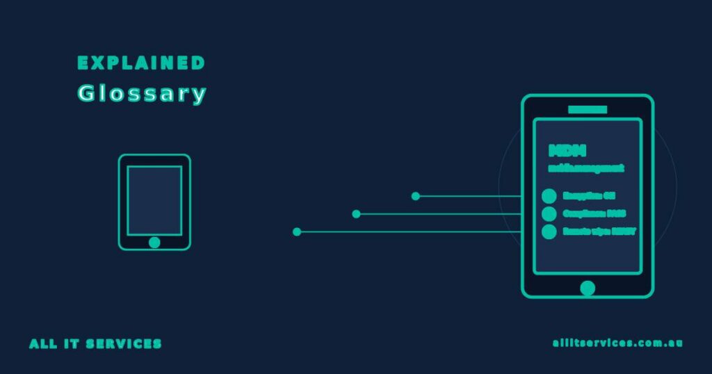 Glossary illustration showing two mobile devices linked by a management control panel representing MDM