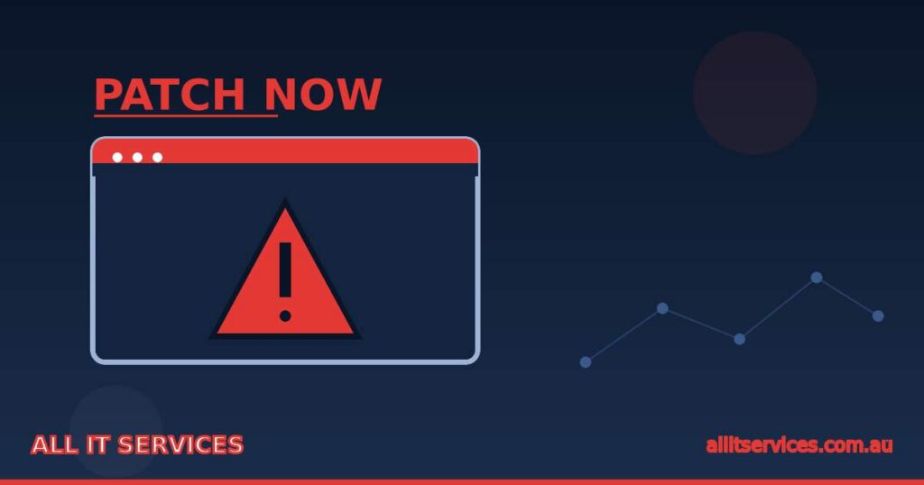 Browser window with red warning triangle and PATCH NOW label
