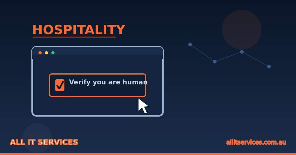Browser window with fake verify you are human checkbox and HOSPITALITY label