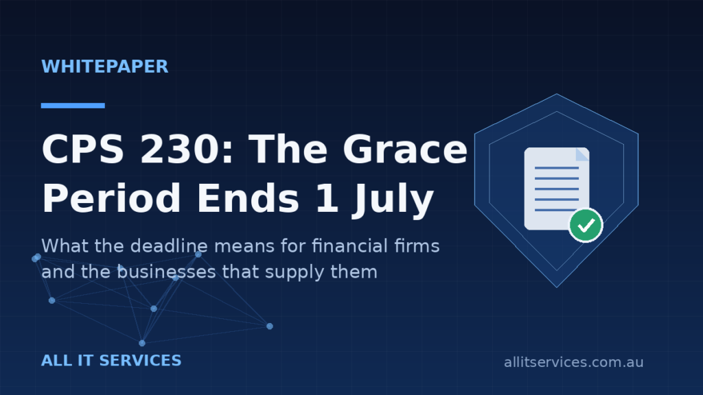 Dark navy graphic with a shield and contract document motif titled CPS 230: The Grace Period Ends 1 July