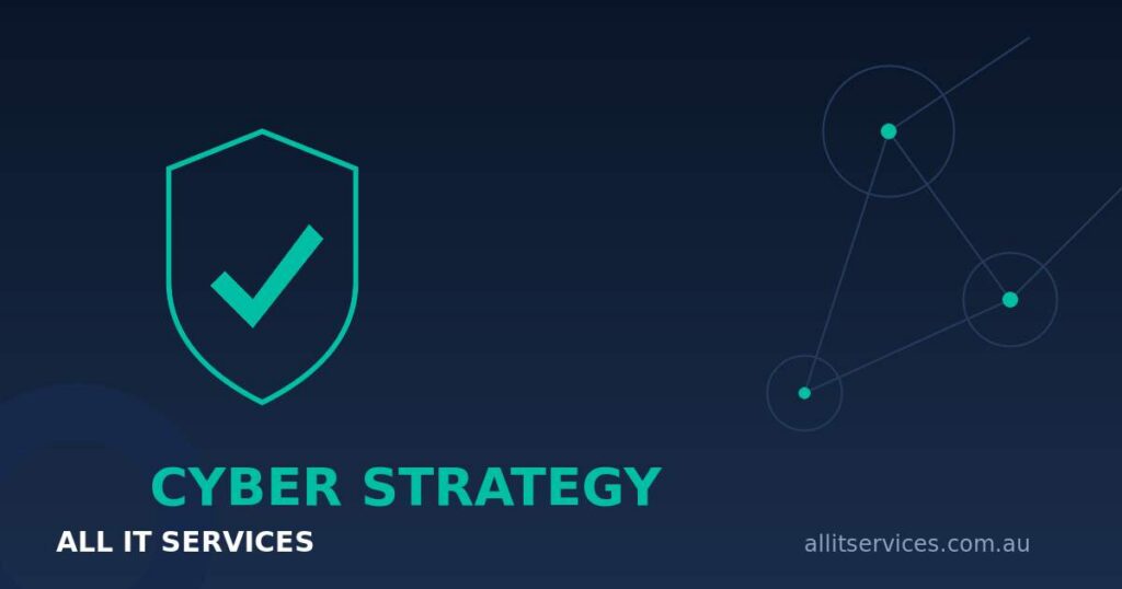 Teal shield with tick and network nodes on dark navy background with the label Cyber Strategy