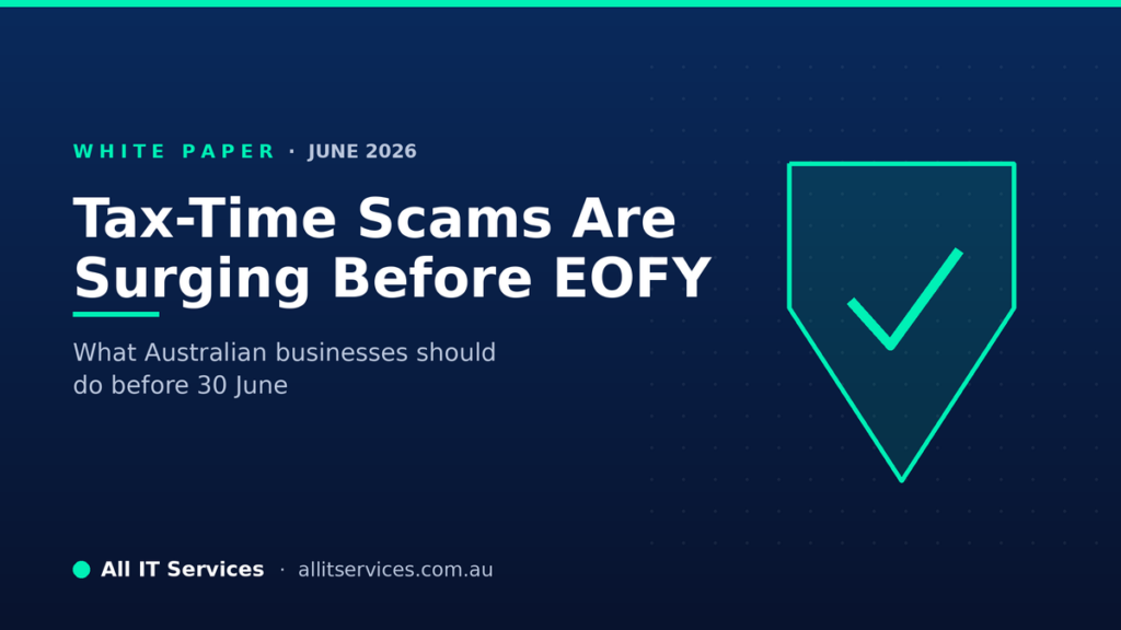 Shield and tick motif on dark navy with the words Tax-Time Scams Are Surging Before EOFY