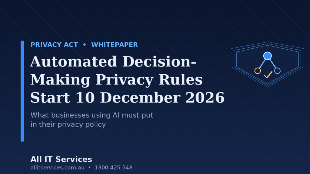 Dark navy whitepaper hero graphic with a shield and decision-node motif, titled Automated Decision-Making Privacy Rules Start 10 December 2026, All IT Services