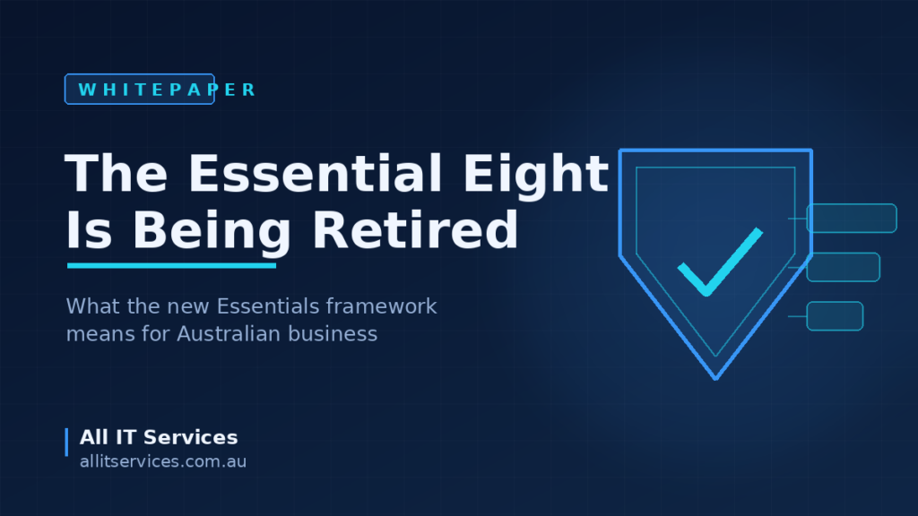 Shield emblem on dark navy background with headline The Essential Eight Is Being Retired, All IT Services