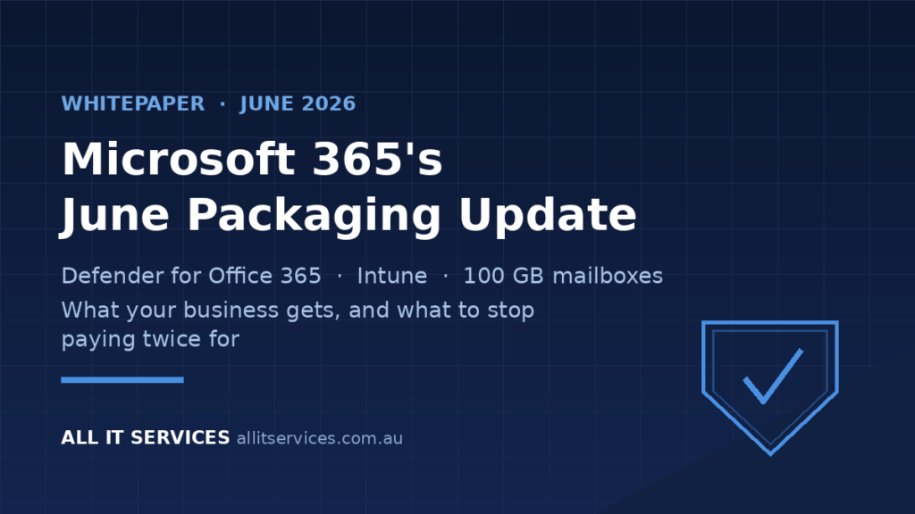 All IT Services whitepaper graphic: Microsoft 365's June packaging update, with shield motif