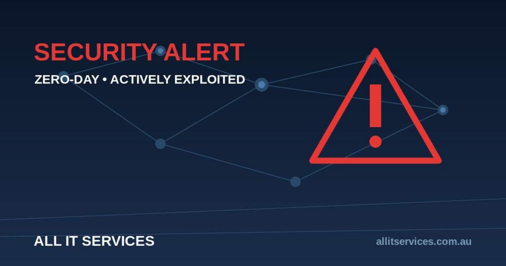Security alert graphic with warning triangle and network nodes on dark navy background