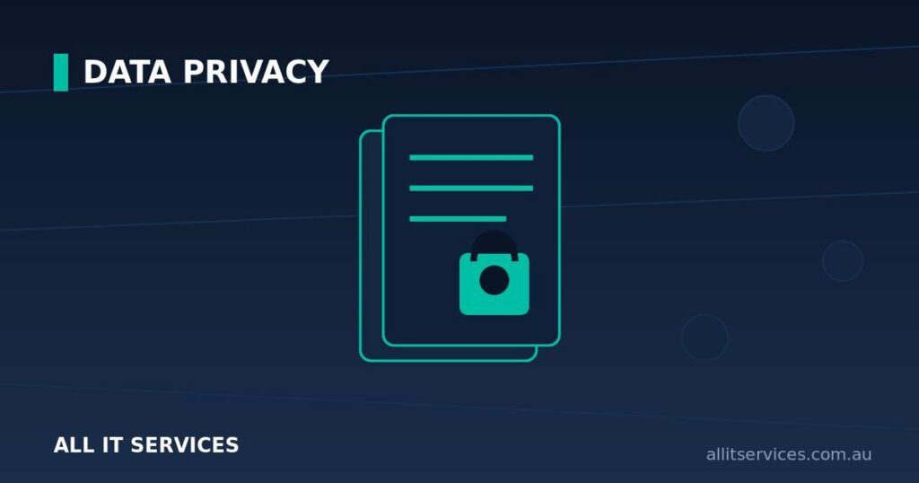 Abstract teal document and lock graphic on dark navy background with DATA PRIVACY label