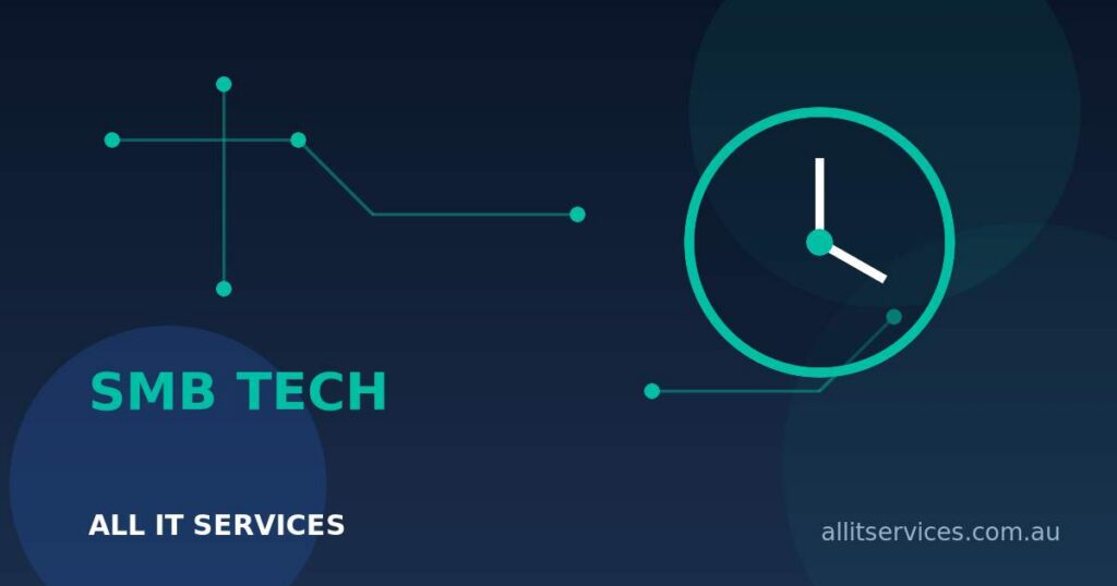 Abstract clock and network graphic with SMB TECH label on dark navy background