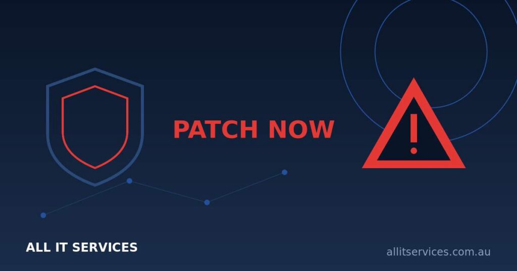 Security alert graphic with shield and warning triangle reading Patch Now