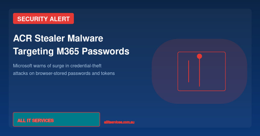 Security alert graphic for ACR Stealer malware targeting Microsoft 365 browser-stored passwords and tokens