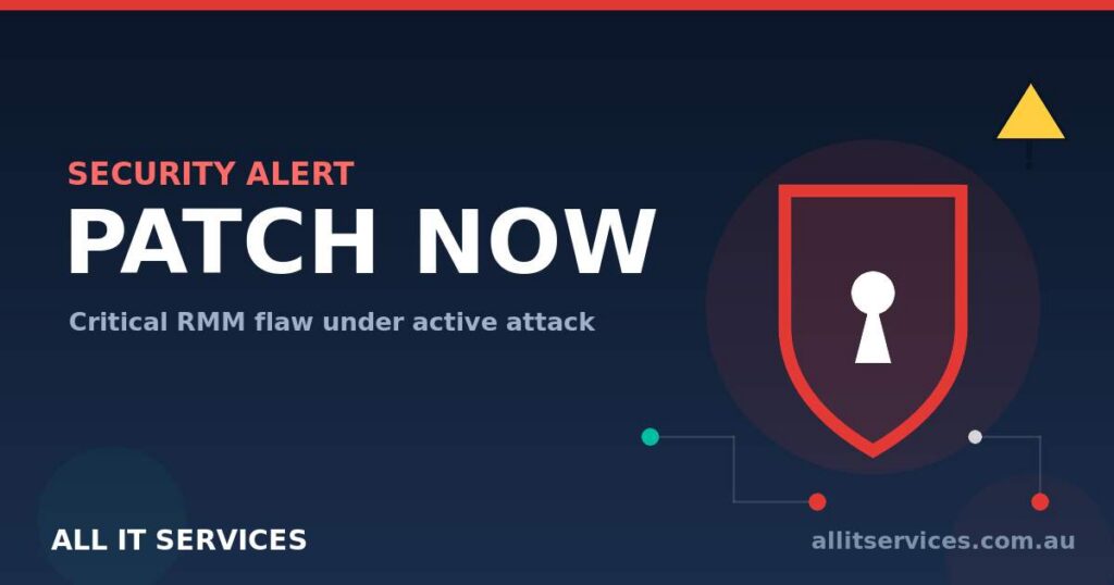 Red shield security alert graphic warning to patch the SimpleHelp RMM vulnerability