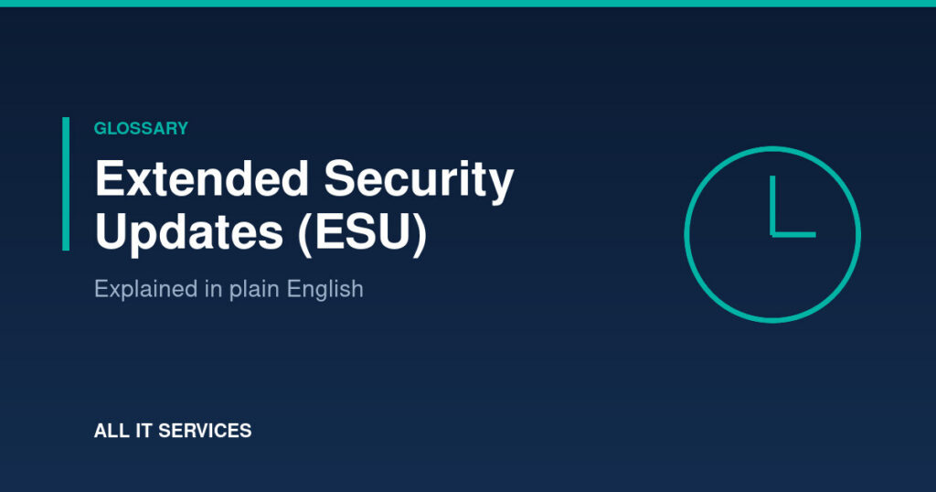 Glossary graphic with teal clock icon on dark navy background explaining Extended Security Updates