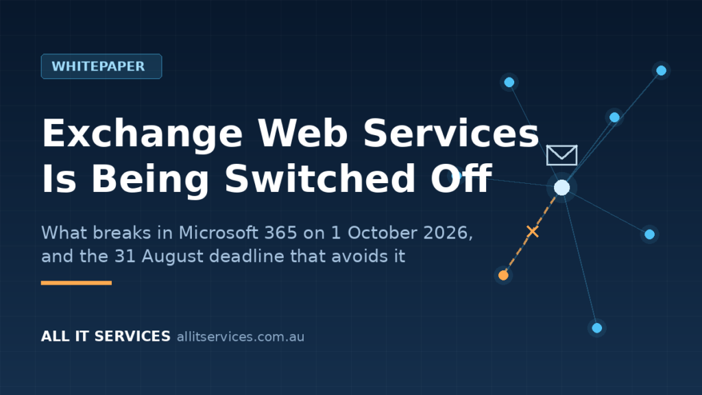 Dark navy graphic showing a severed connection in a network of nodes, titled Exchange Web Services Is Being Switched Off
