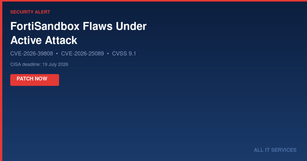 Security alert graphic for Fortinet FortiSandbox vulnerabilities CVE-2026-39808 and CVE-2026-25089 with PATCH NOW label