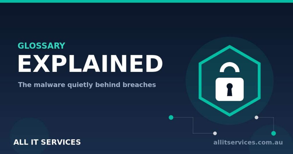 Teal hexagon and open padlock graphic explaining what an infostealer is