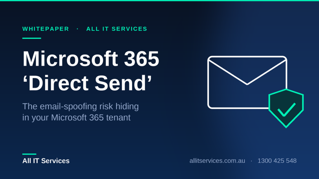 Whitepaper hero graphic showing Microsoft 365 Direct Send email spoofing risk, by All IT Services