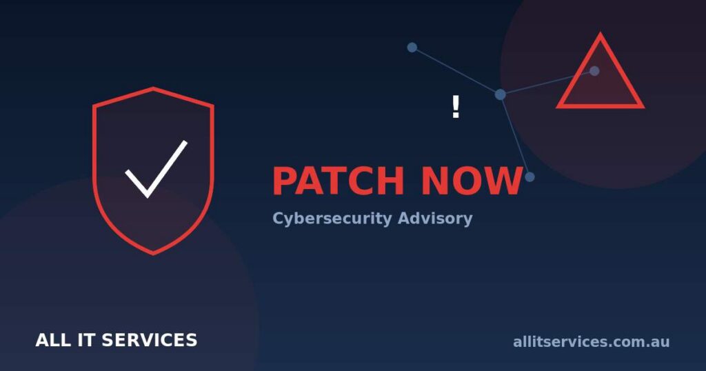 Cybersecurity advisory graphic with shield and warning triangle reading PATCH NOW