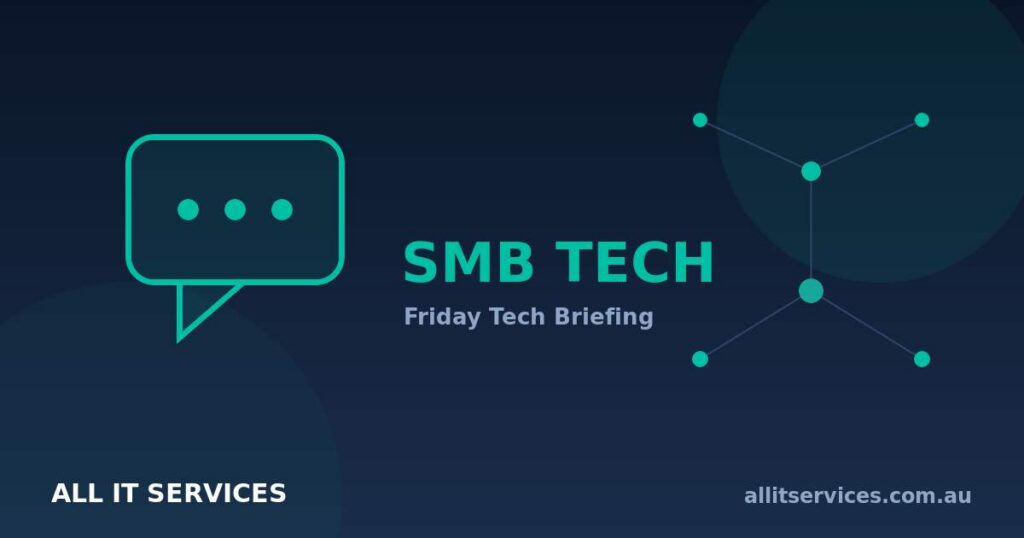 SMB tech briefing graphic with chat bubble and network nodes reading SMB TECH