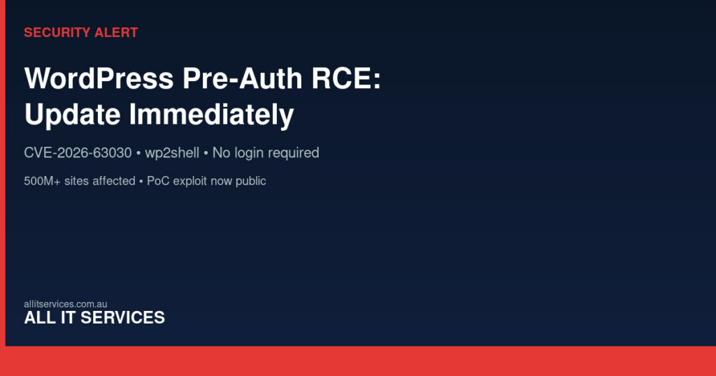 Security alert graphic for WordPress wp2shell CVE-2026-63030 pre-auth RCE vulnerability