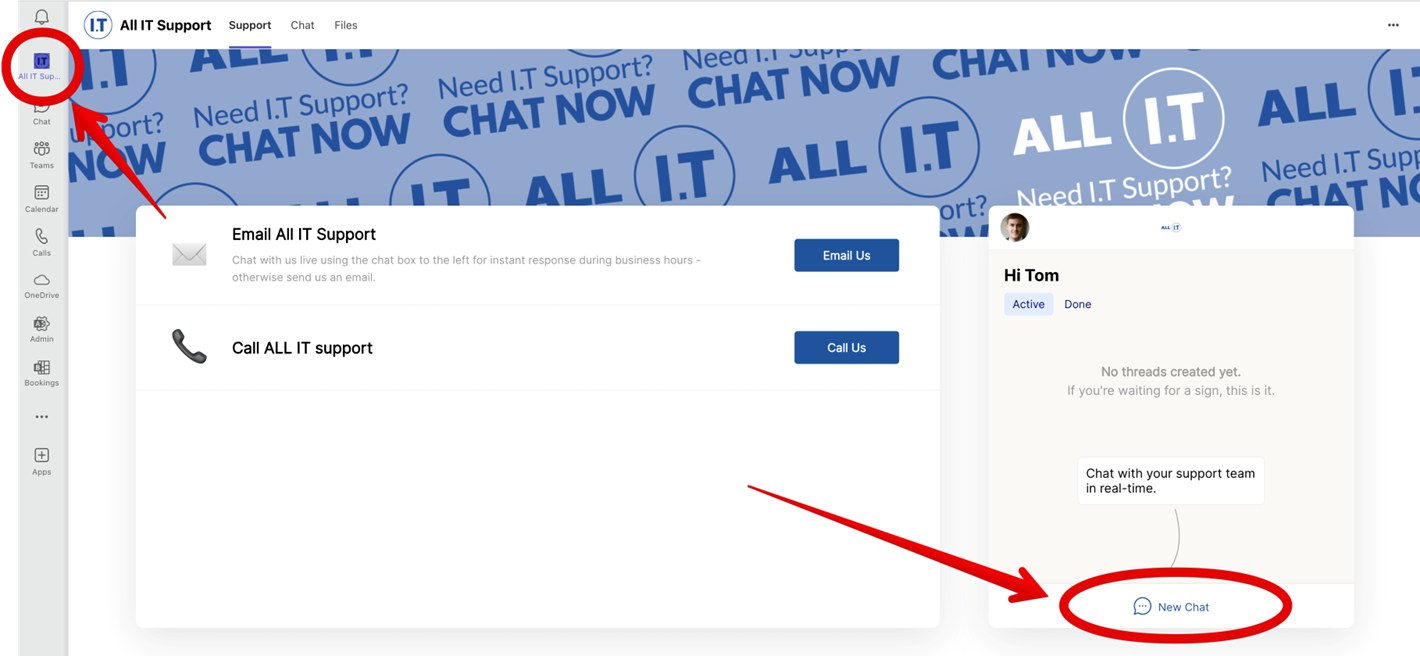 ALL IT Support chat pinned inside Microsoft Teams — staff type their issue and a technician replies in the same thread