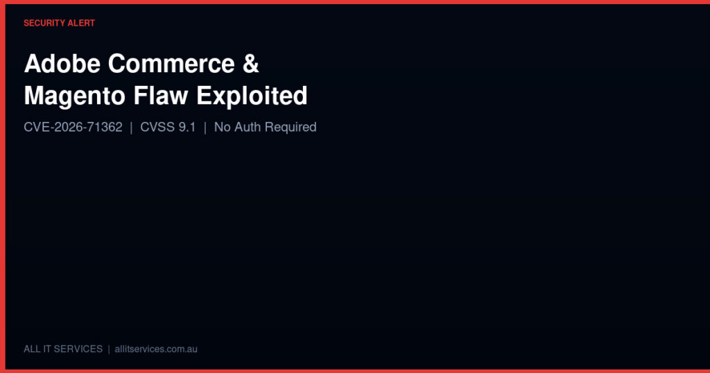 Security alert graphic for critical Adobe Commerce and Magento CVE-2026-71362 account takeover vulnerability being actively exploited