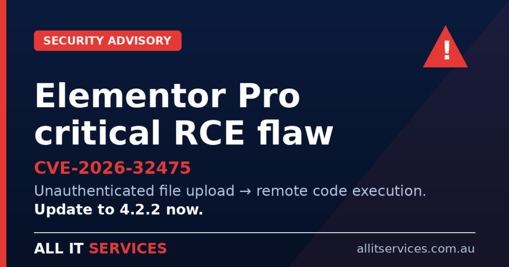All IT Services security advisory graphic: Elementor Pro critical RCE flaw CVE-2026-32475, update to 4.2.2 now