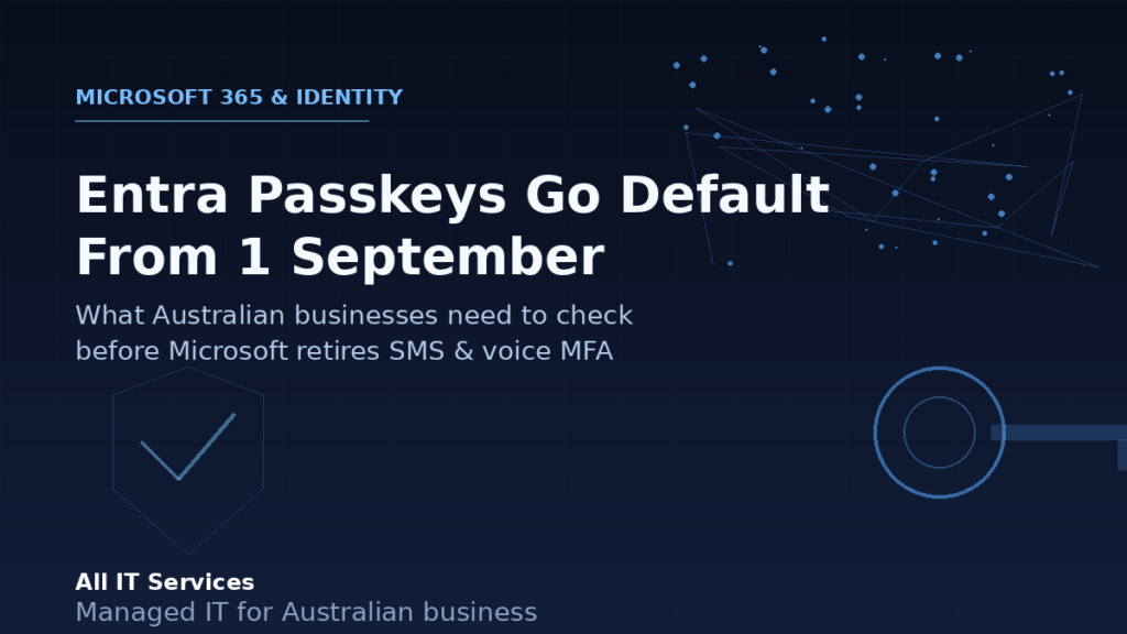 Dark navy graphic reading Entra Passkeys Go Default From 1 September, with an abstract key and shield motif, for All IT Services