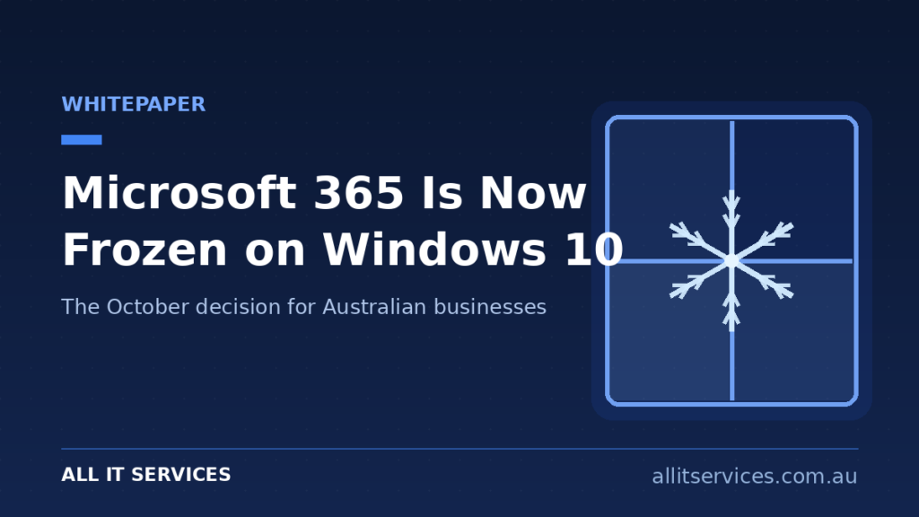 Dark navy graphic of a frosted window with a snowflake, titled Microsoft 365 Is Now Frozen on Windows 10