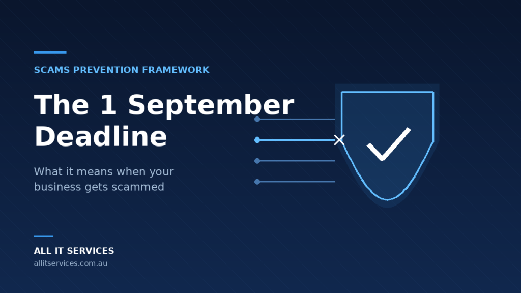 Dark navy graphic reading Scams Prevention Framework: The 1 September Deadline, with a shield deflecting an incoming payment line