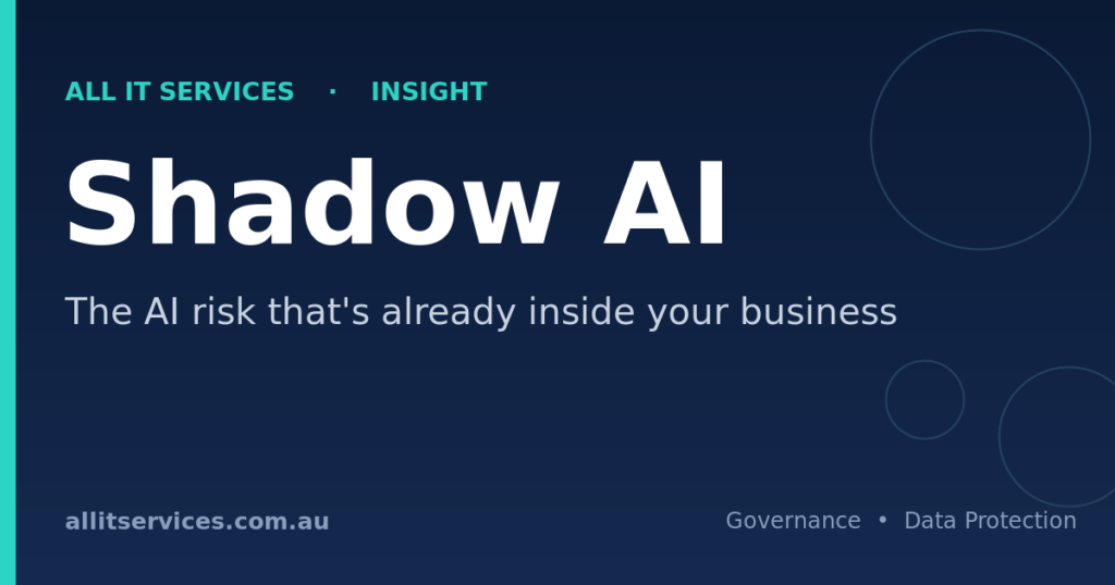 All IT Services insight graphic on a dark navy background with the words Shadow AI and the tagline the AI risk that's already inside your business