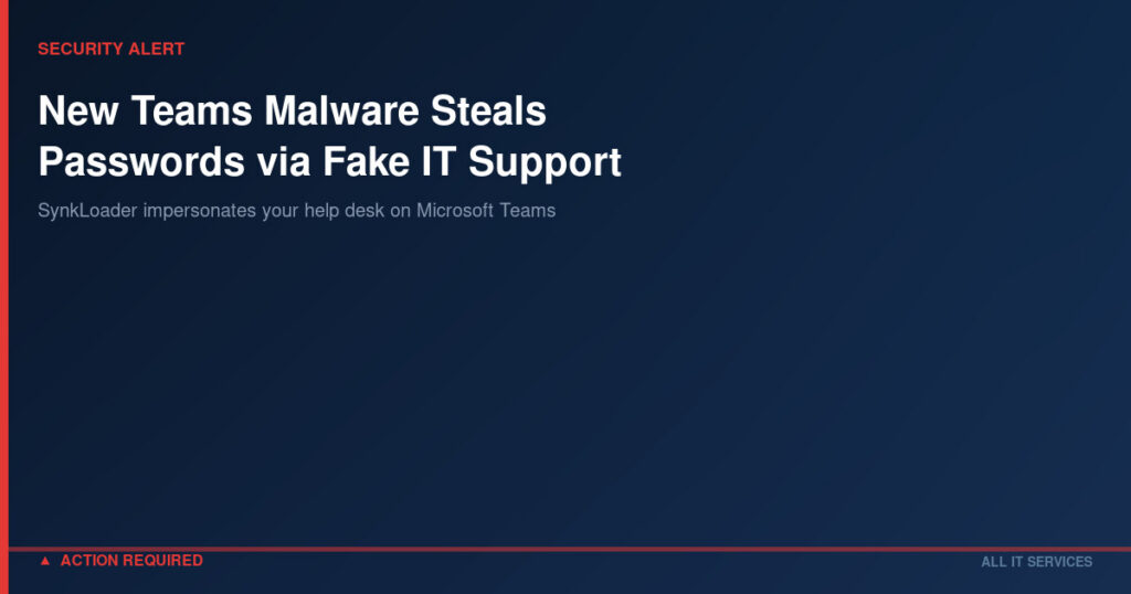Security alert graphic for SynkLoader malware spreading through Microsoft Teams phishing campaigns to steal Windows passwords via fake lock screen