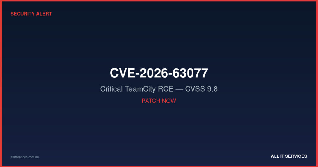 Security alert graphic for critical TeamCity CVE-2026-63077 remote code execution vulnerability with CVSS 9.8 rating