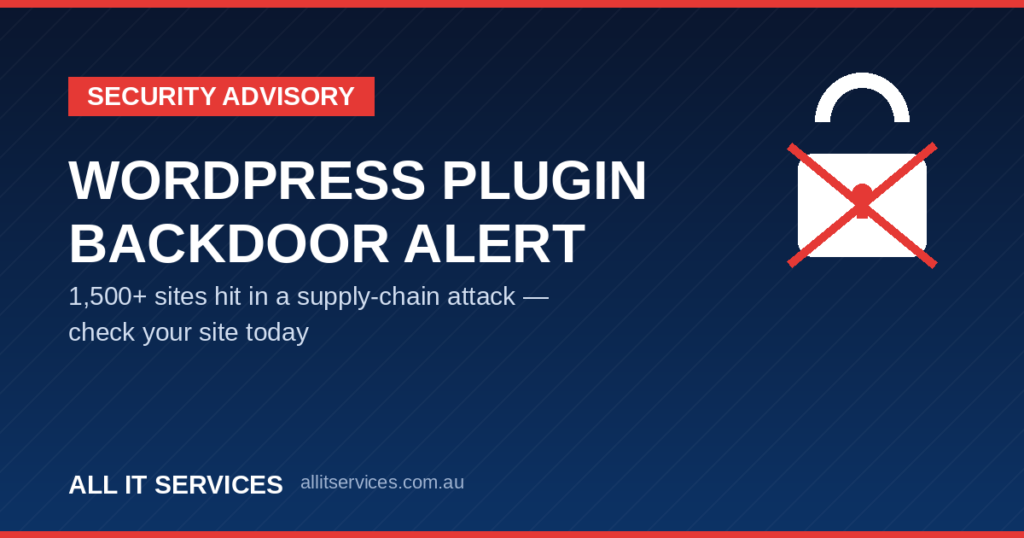 WordPress plugin backdoor security advisory graphic — All IT Services