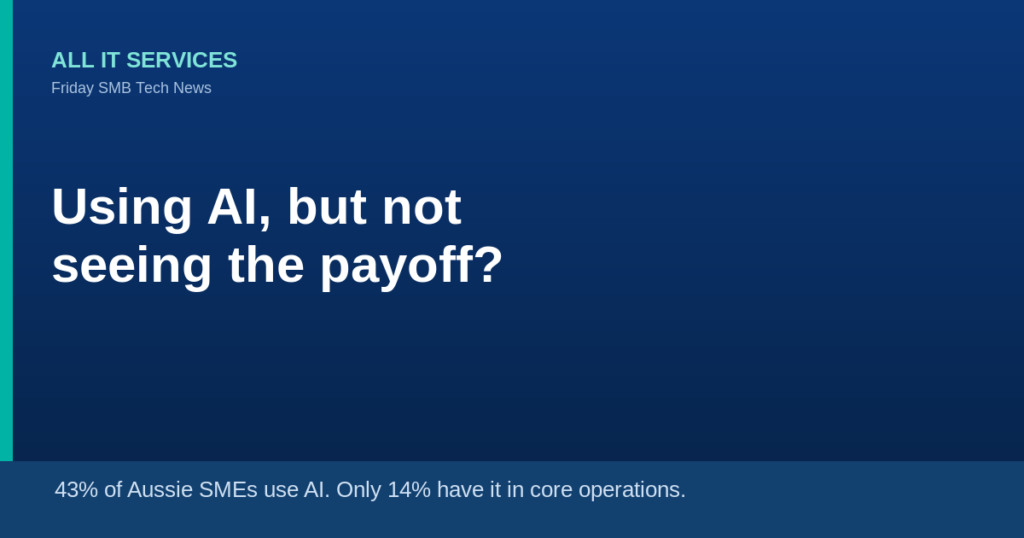 Dark navy branded graphic reading Using AI but not seeing the payoff, with the stat 43% of Aussie SMEs use AI, only 14% have it in core operations